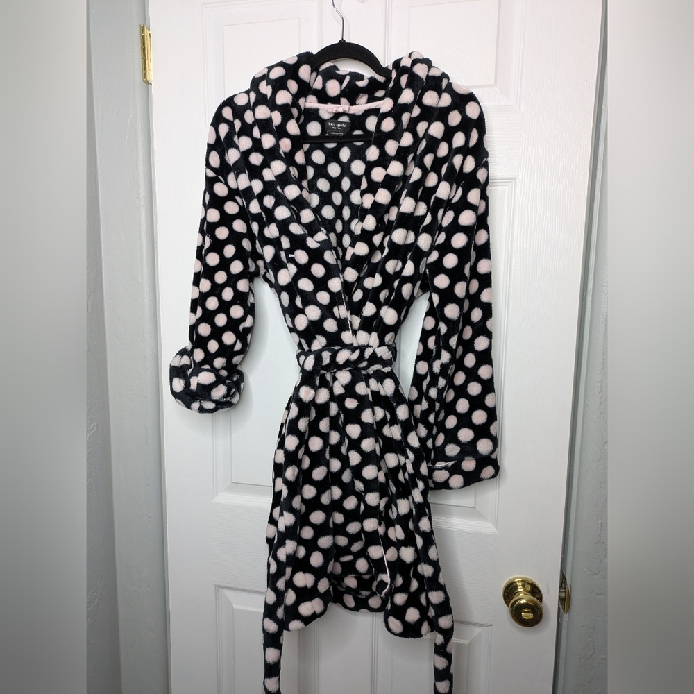 Kate Spade Black and Pink Polka Dot Plush Robe